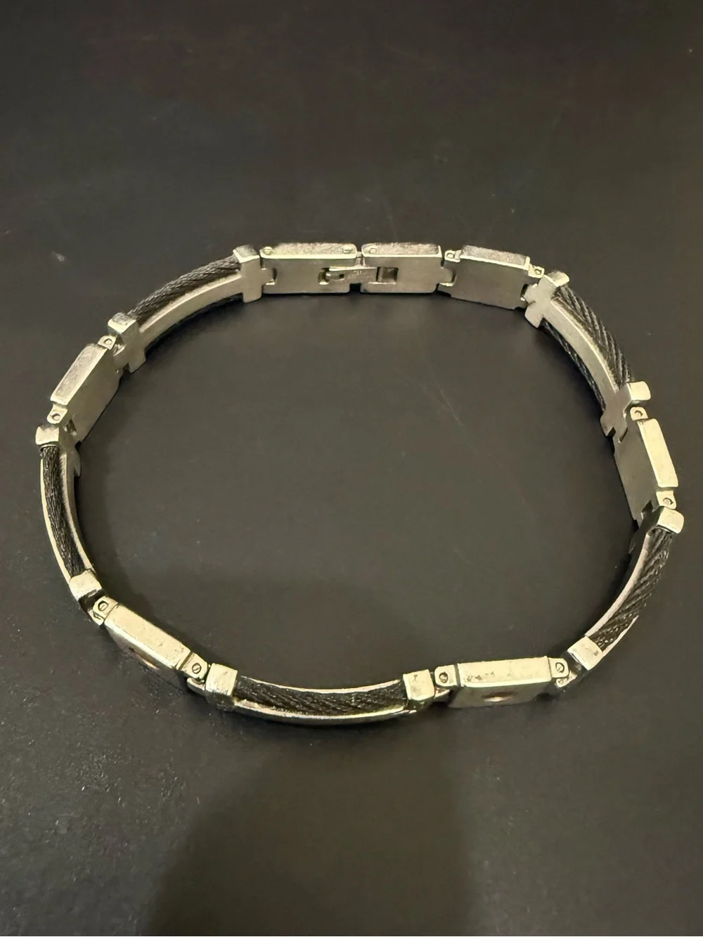 Signed 14K Stainless Steel Black Wire Cable Link Gold Screws 9” Men’s Bracelet